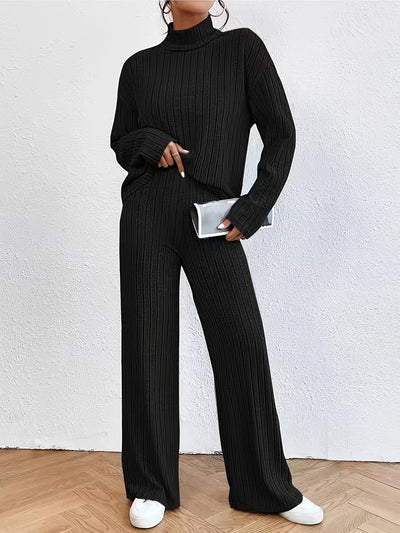 Tracy™ | Women's Casual Ribbed Mock Neck T-Shirt and Wide-Leg Trousers Tracksuit