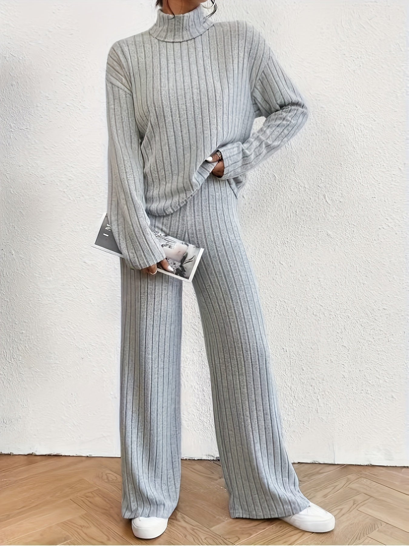 Tracy™ | Women's Casual Ribbed Mock Neck T-Shirt and Wide-Leg Trousers Tracksuit