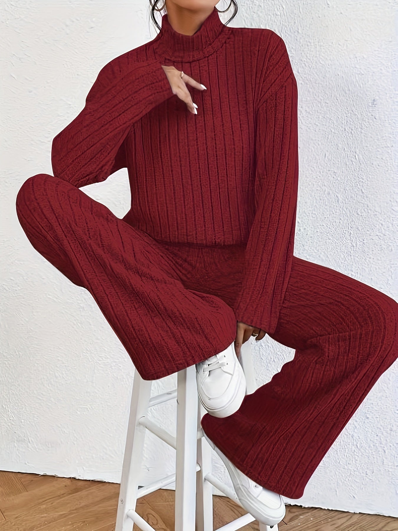 Tracy™ | Women's Casual Ribbed Mock Neck T-Shirt and Wide-Leg Trousers Tracksuit