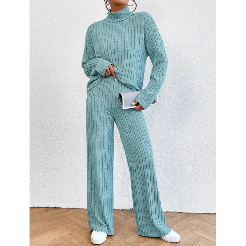 Tracy™ | Women's Casual Ribbed Mock Neck T-Shirt and Wide-Leg Trousers Tracksuit